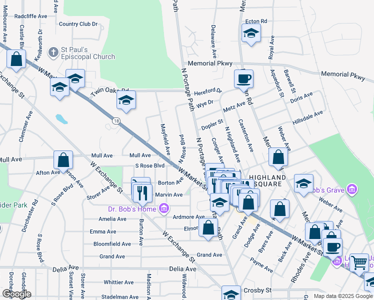 map of restaurants, bars, coffee shops, grocery stores, and more near 43 North Rose Boulevard in Akron