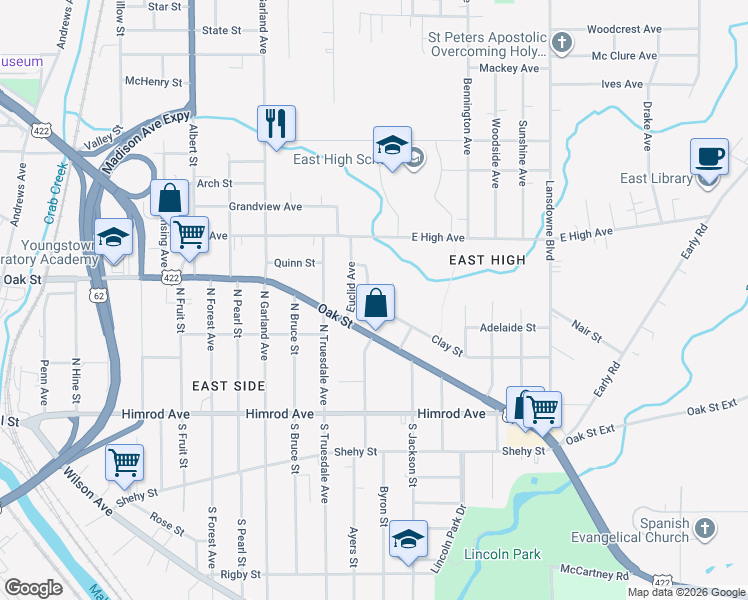 map of restaurants, bars, coffee shops, grocery stores, and more near 1426 Clay Street in Youngstown