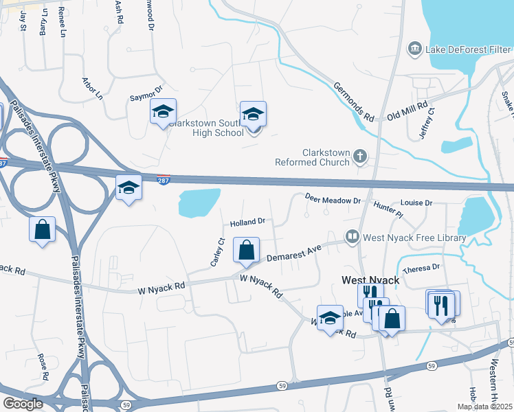 map of restaurants, bars, coffee shops, grocery stores, and more near 39 Highland Avenue in West Nyack