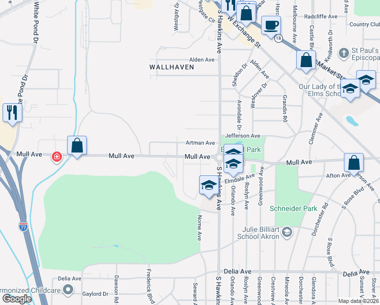 map of restaurants, bars, coffee shops, grocery stores, and more near 611 Mull Avenue in Akron