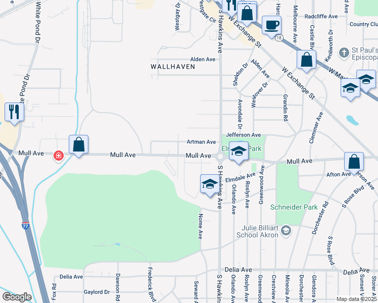 map of restaurants, bars, coffee shops, grocery stores, and more near 611 Mull Avenue in Akron