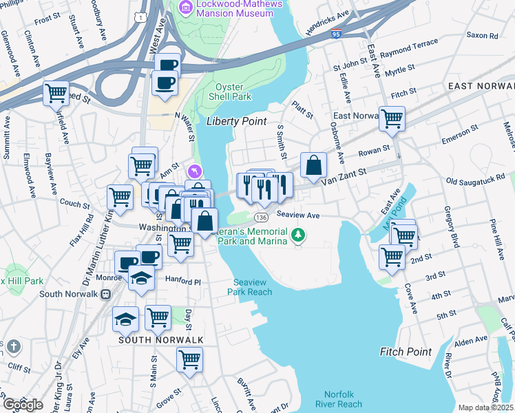 map of restaurants, bars, coffee shops, grocery stores, and more near 201 Liberty Square in Norwalk