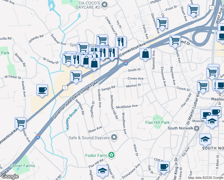 map of restaurants, bars, coffee shops, grocery stores, and more near 18 Senga Road in Norwalk