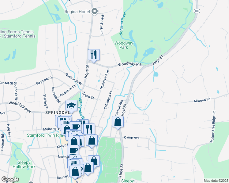 map of restaurants, bars, coffee shops, grocery stores, and more near 21 River Place in Stamford
