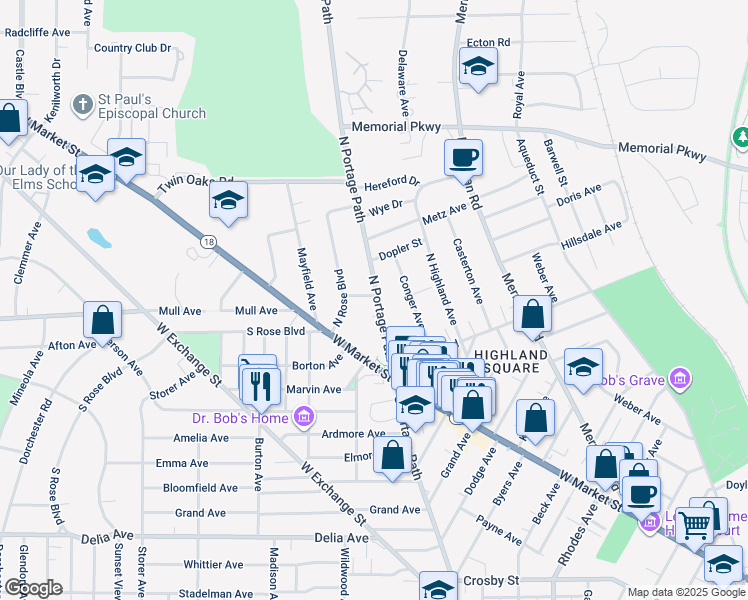 map of restaurants, bars, coffee shops, grocery stores, and more near 95 North Portage Path in Akron