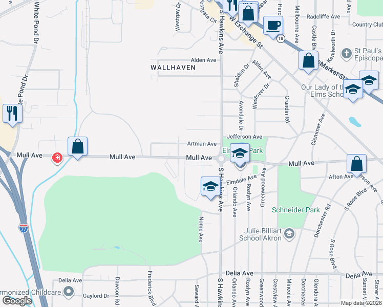 map of restaurants, bars, coffee shops, grocery stores, and more near 611 Mull Avenue in Akron