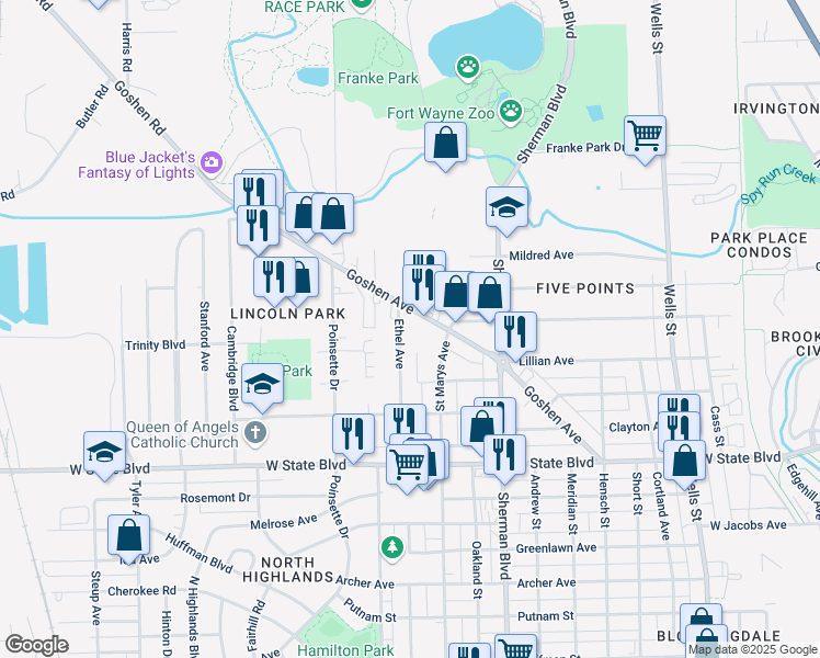 map of restaurants, bars, coffee shops, grocery stores, and more near 2651 Ethel Ave in Fort Wayne