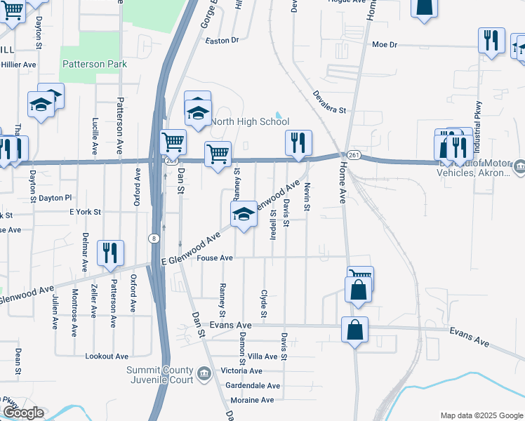 map of restaurants, bars, coffee shops, grocery stores, and more near 650 East Glenwood Avenue in Akron