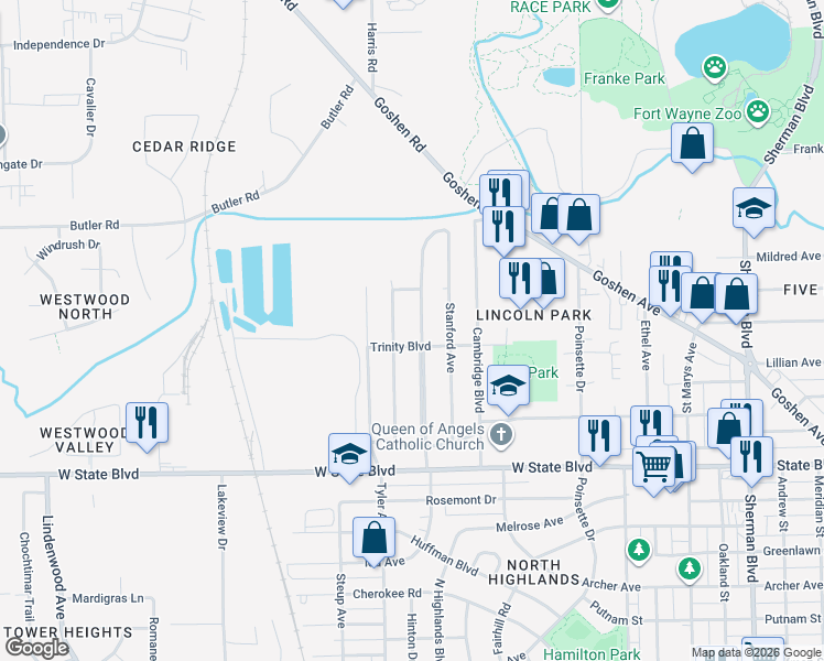 map of restaurants, bars, coffee shops, grocery stores, and more near 2707 N Highlands Blvd in Fort Wayne