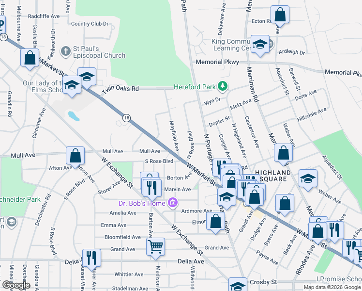 map of restaurants, bars, coffee shops, grocery stores, and more near 31 Mayfield Avenue in Akron