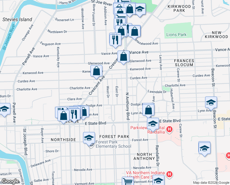 map of restaurants, bars, coffee shops, grocery stores, and more near 2609 East Drive in Fort Wayne
