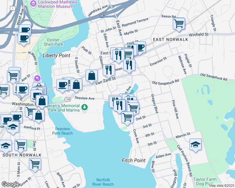 map of restaurants, bars, coffee shops, grocery stores, and more near 5 Goodrow Street in Norwalk