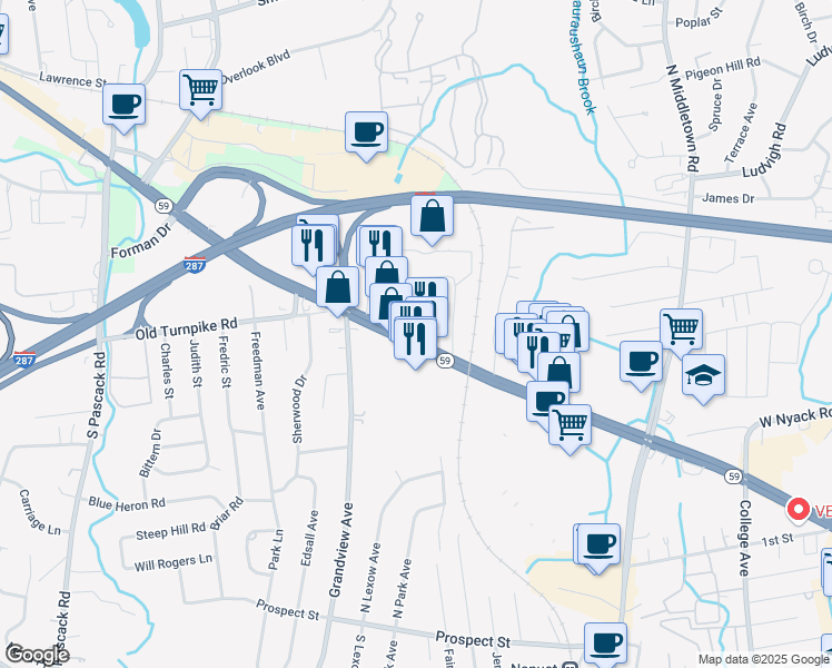 map of restaurants, bars, coffee shops, grocery stores, and more near 212 Route 59 in Nanuet