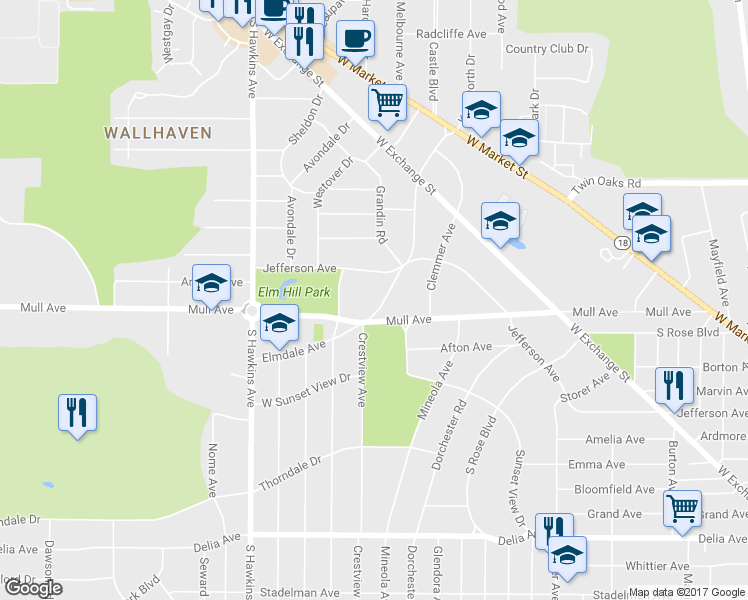 map of restaurants, bars, coffee shops, grocery stores, and more near 226 Elmdale Avenue in Akron