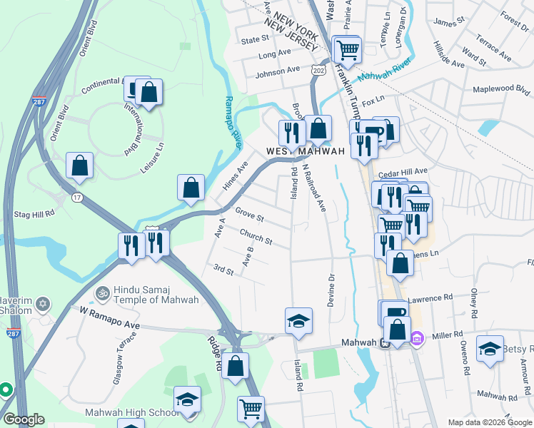 map of restaurants, bars, coffee shops, grocery stores, and more near 118 Grove Street in Mahwah