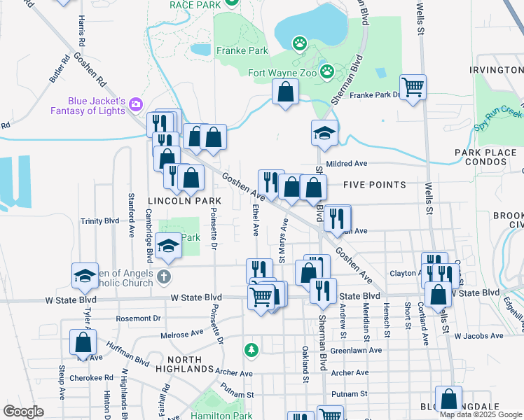 map of restaurants, bars, coffee shops, grocery stores, and more near 2651 Ethel Ave in Fort Wayne