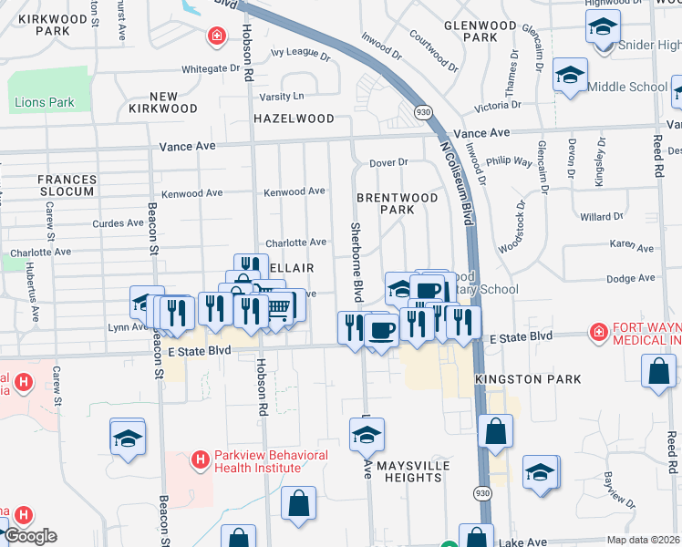 map of restaurants, bars, coffee shops, grocery stores, and more near 2522 Barnhart Avenue in Fort Wayne