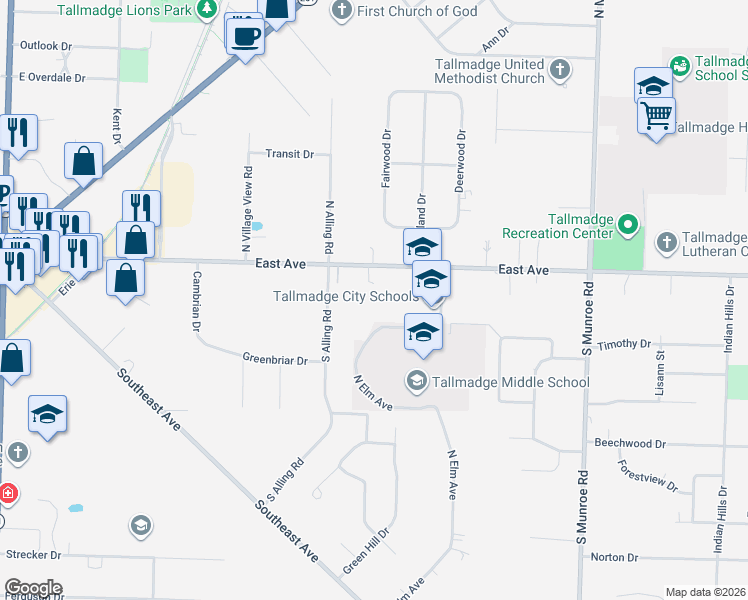 map of restaurants, bars, coffee shops, grocery stores, and more near 440 East Avenue in Tallmadge