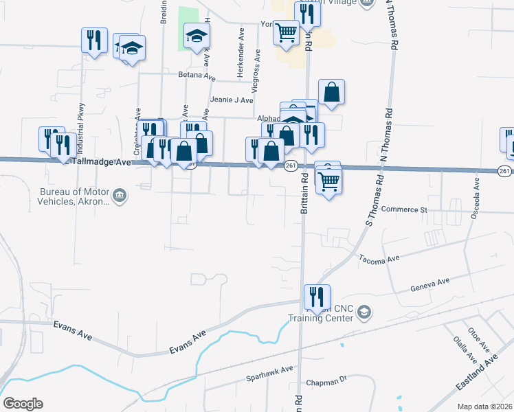 map of restaurants, bars, coffee shops, grocery stores, and more near 1325 Blackstone Avenue in Akron
