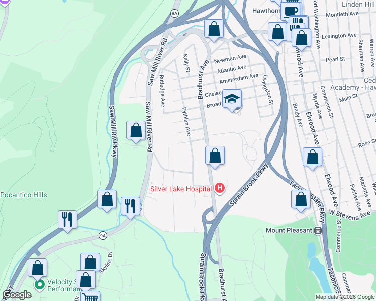 map of restaurants, bars, coffee shops, grocery stores, and more near 181 Pythian Avenue in Hawthorne