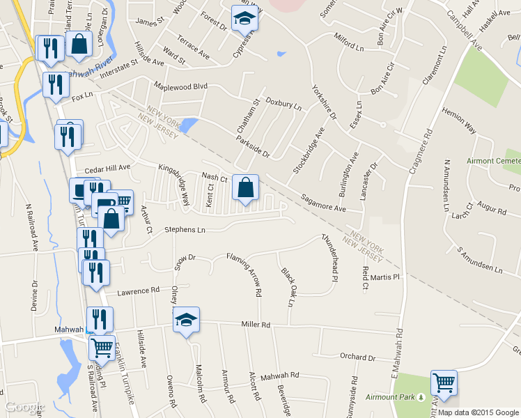 map of restaurants, bars, coffee shops, grocery stores, and more near 2394 Quill Court in Mahwah