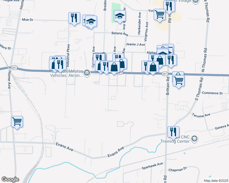 map of restaurants, bars, coffee shops, grocery stores, and more near 1324 Whitestone Avenue in Akron