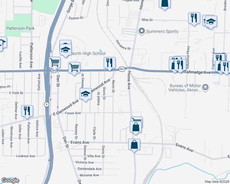 map of restaurants, bars, coffee shops, grocery stores, and more near 975 Nevin Street in Akron