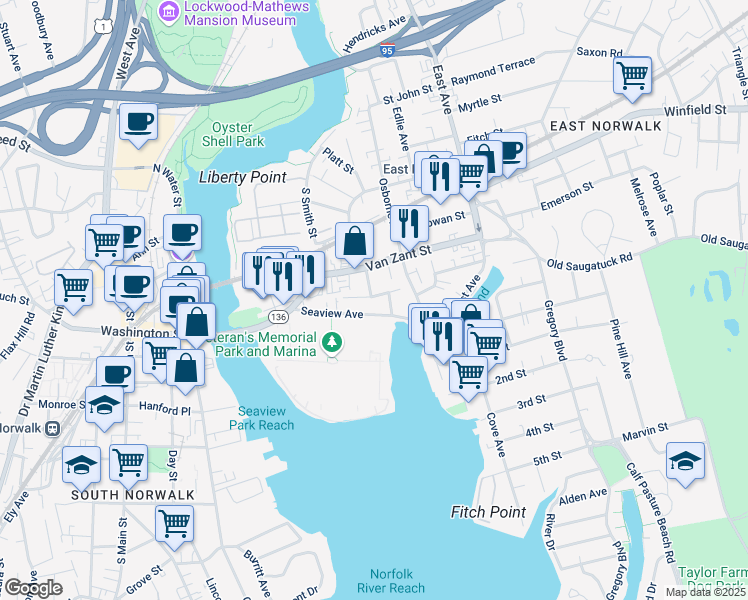 map of restaurants, bars, coffee shops, grocery stores, and more near 20 Betts Place in Norwalk