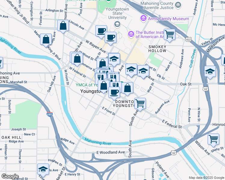 map of restaurants, bars, coffee shops, grocery stores, and more near 44 Federal Plaza East in Youngstown