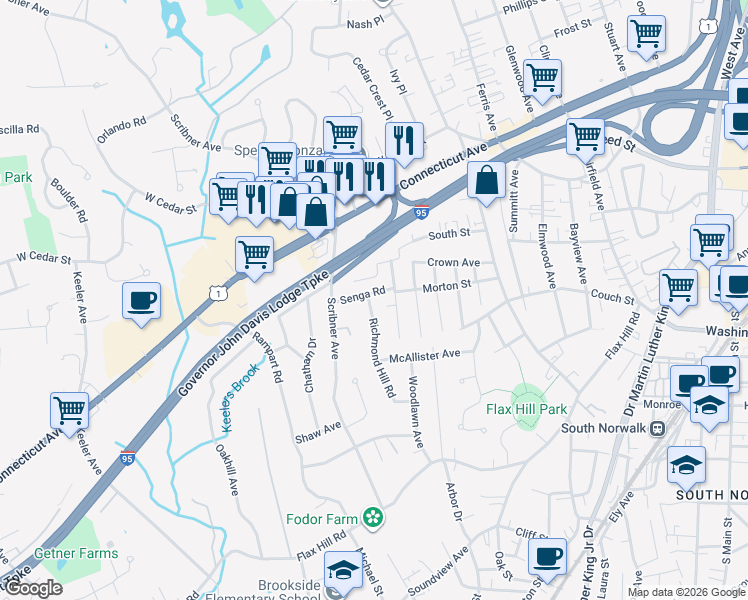 map of restaurants, bars, coffee shops, grocery stores, and more near 16 Senga Road in Norwalk
