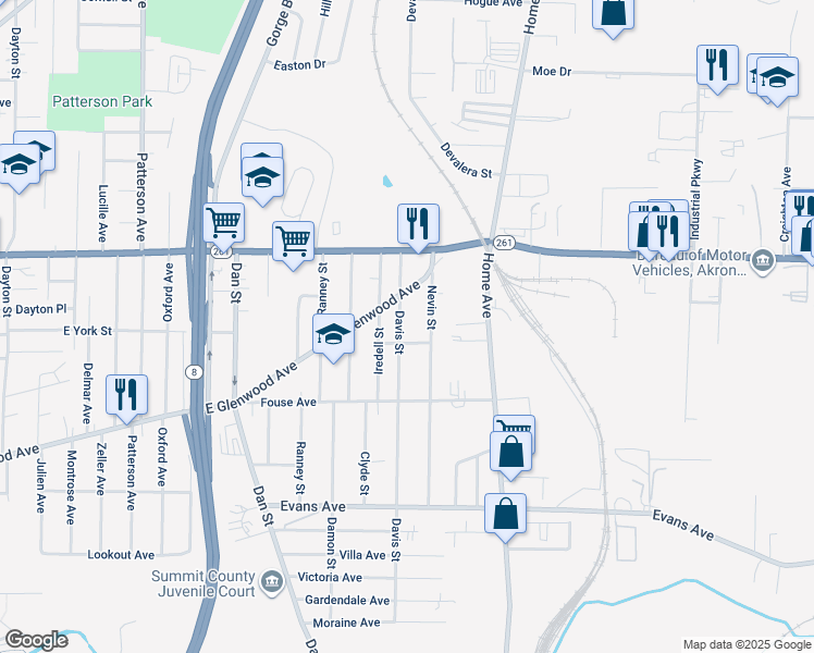 map of restaurants, bars, coffee shops, grocery stores, and more near 949 Davis Street in Akron
