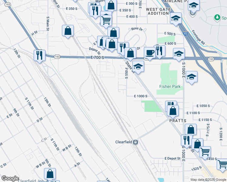 map of restaurants, bars, coffee shops, grocery stores, and more near 430 East 700 South in Clearfield