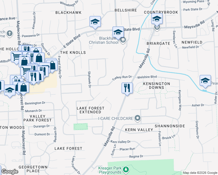 map of restaurants, bars, coffee shops, grocery stores, and more near 7302 Turkey Run Drive in Fort Wayne