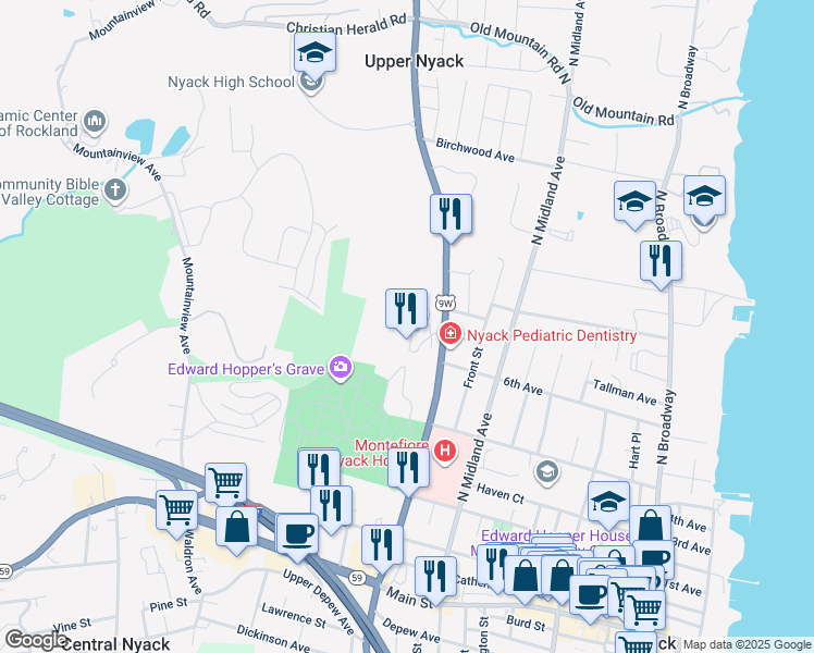 map of restaurants, bars, coffee shops, grocery stores, and more near 44 Village Gate Way in Nyack