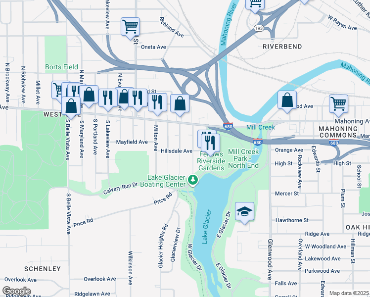 map of restaurants, bars, coffee shops, grocery stores, and more near 1500 Hillsdale Avenue in Youngstown