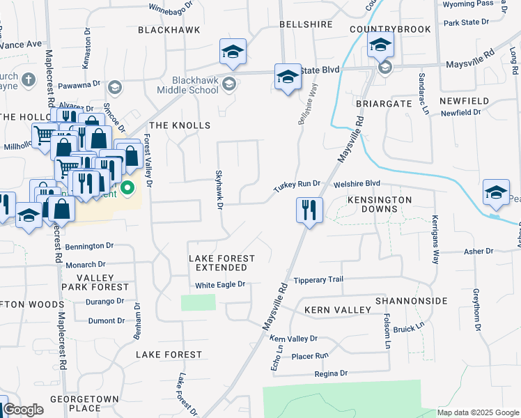 map of restaurants, bars, coffee shops, grocery stores, and more near 7236 Turkey Run Drive in Fort Wayne