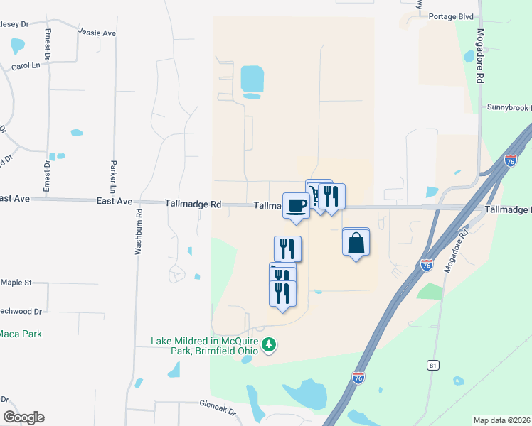 map of restaurants, bars, coffee shops, grocery stores, and more near 124 Tallmadge Road in Kent