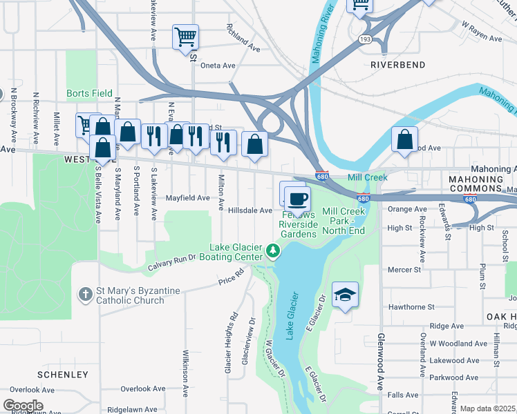 map of restaurants, bars, coffee shops, grocery stores, and more near 57 Halls Heights Avenue in Youngstown