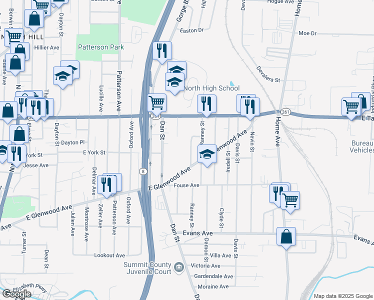 map of restaurants, bars, coffee shops, grocery stores, and more near 798 Phoenix Ave in Akron