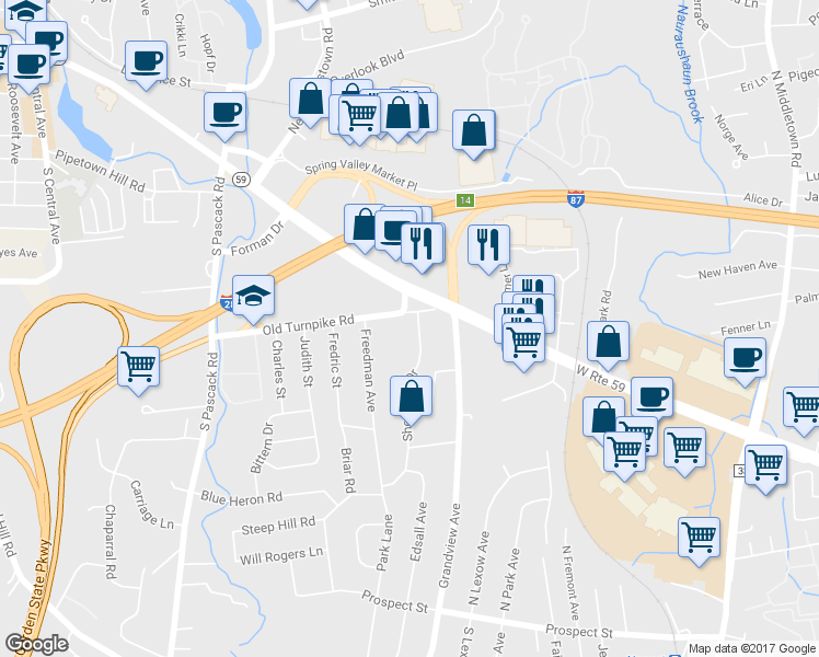 map of restaurants, bars, coffee shops, grocery stores, and more near 7 Sherwood Drive in Nanuet