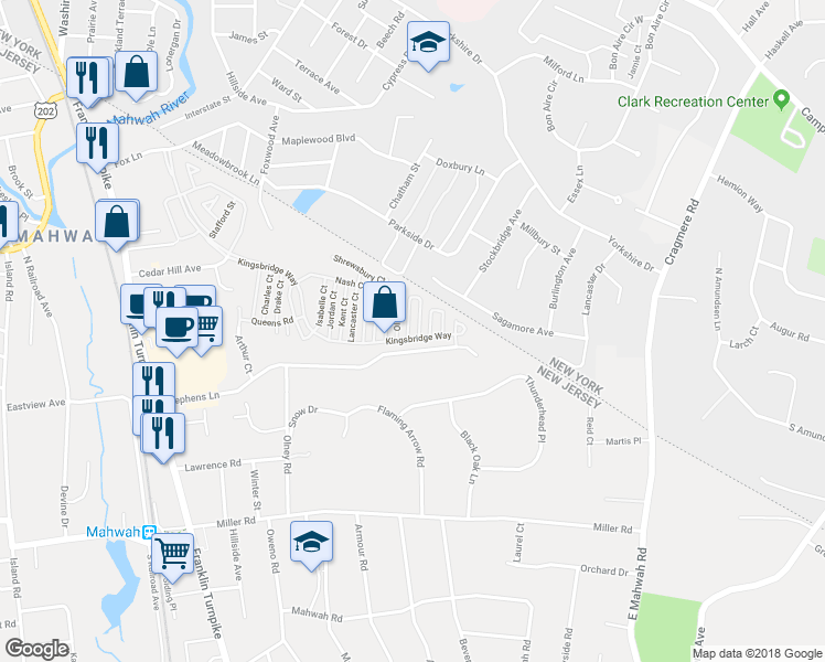 map of restaurants, bars, coffee shops, grocery stores, and more near 2378 Phillip Court in Mahwah