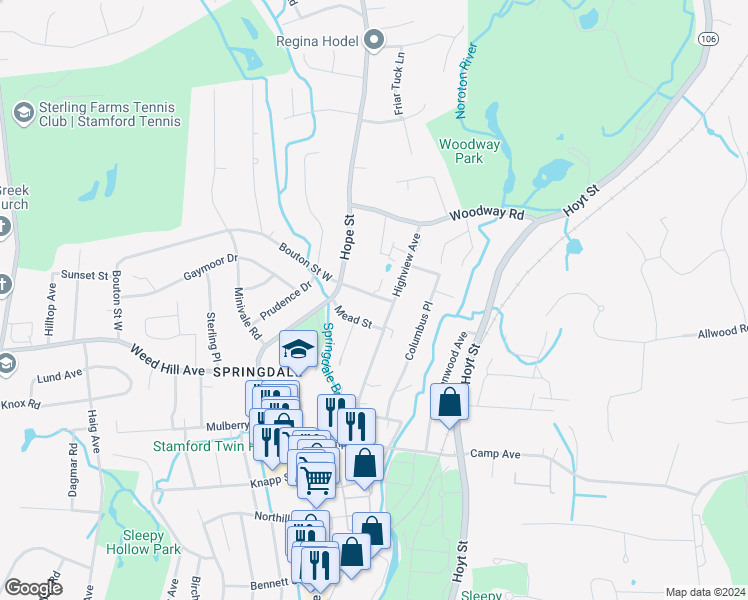 map of restaurants, bars, coffee shops, grocery stores, and more near 39 Bouton Street East in Stamford
