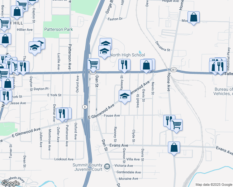 map of restaurants, bars, coffee shops, grocery stores, and more near 798 Phoenix Avenue in Akron