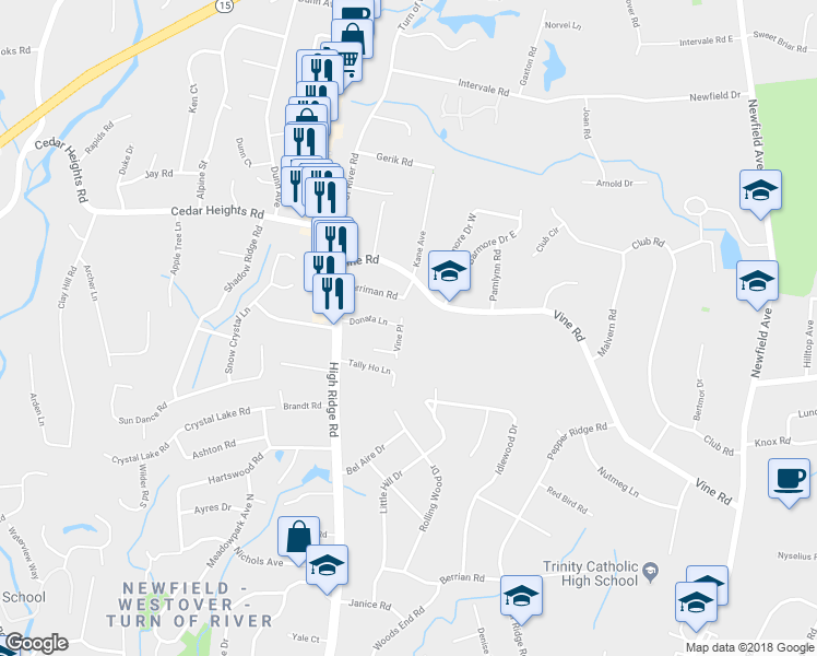 map of restaurants, bars, coffee shops, grocery stores, and more near 40 Vine Place in Stamford