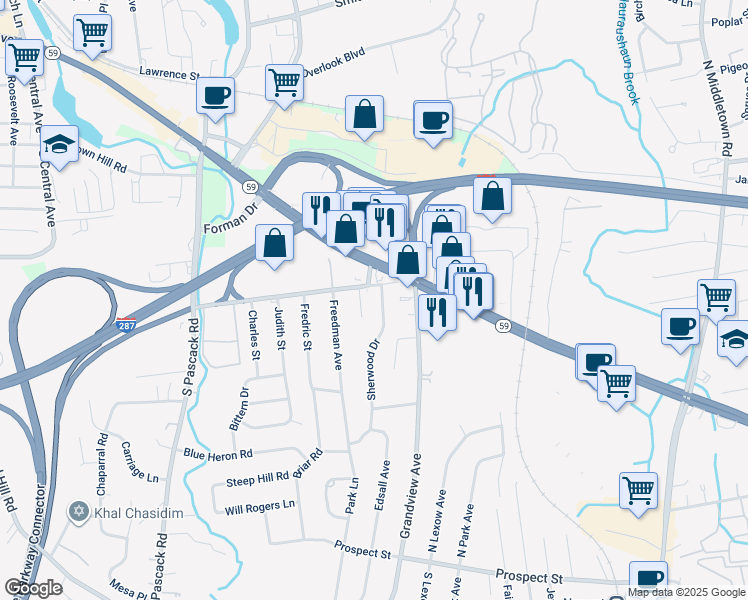 map of restaurants, bars, coffee shops, grocery stores, and more near 7 Sherwood Drive in Nanuet