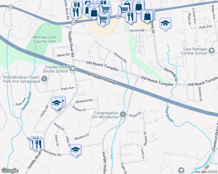 map of restaurants, bars, coffee shops, grocery stores, and more near 18 Jon Leif Lane in Chestnut Ridge