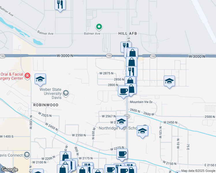 map of restaurants, bars, coffee shops, grocery stores, and more near 23 2800 North in Layton