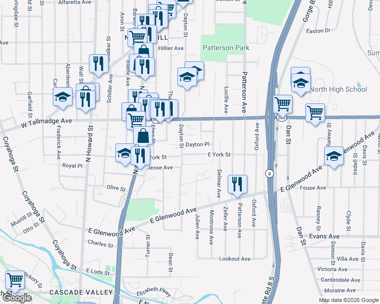 map of restaurants, bars, coffee shops, grocery stores, and more near 233 East York Street in Akron