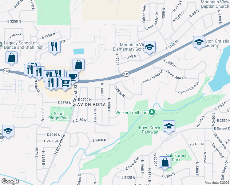 map of restaurants, bars, coffee shops, grocery stores, and more near 2755 North 1700 East in Layton