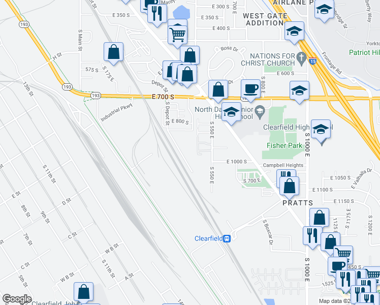 map of restaurants, bars, coffee shops, grocery stores, and more near 430 East 700 South in Clearfield